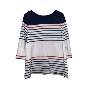 Lands End Striped Button Back Tunic Top Navy White Red 3/4 Sleeve XL